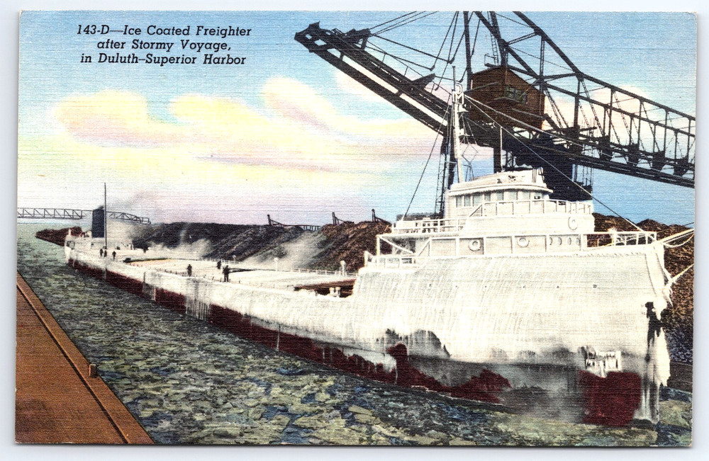 Ice Coated Freighter After Stormy Voyage Duluth Superior Harbor Vintage Postcard