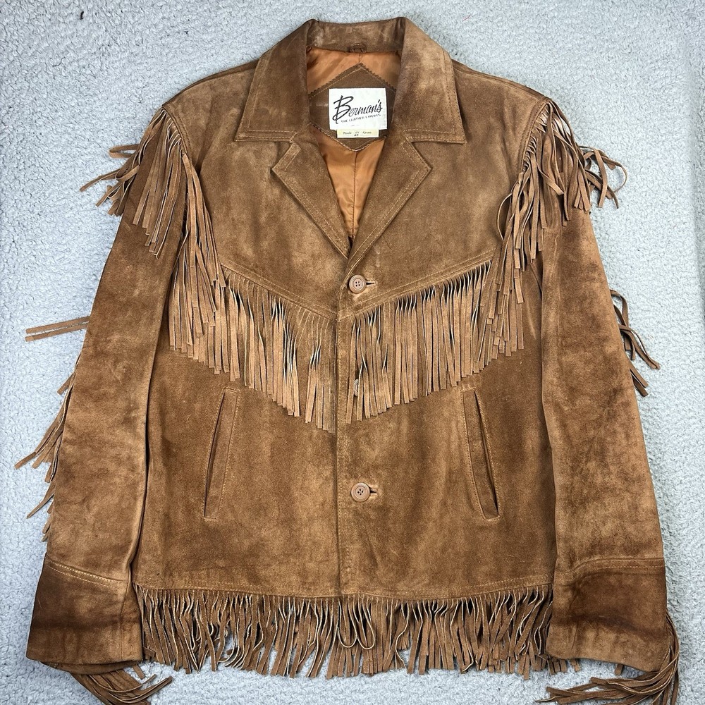 VTG Berman’s Buckskin Suede Leather Fringe Jacket Western Boho Cowboy Mens 42