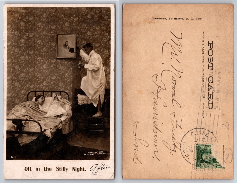 1905 RPPC Oft in the Stilly Night Humorous Man Lantern Bed Bamforth Postcard