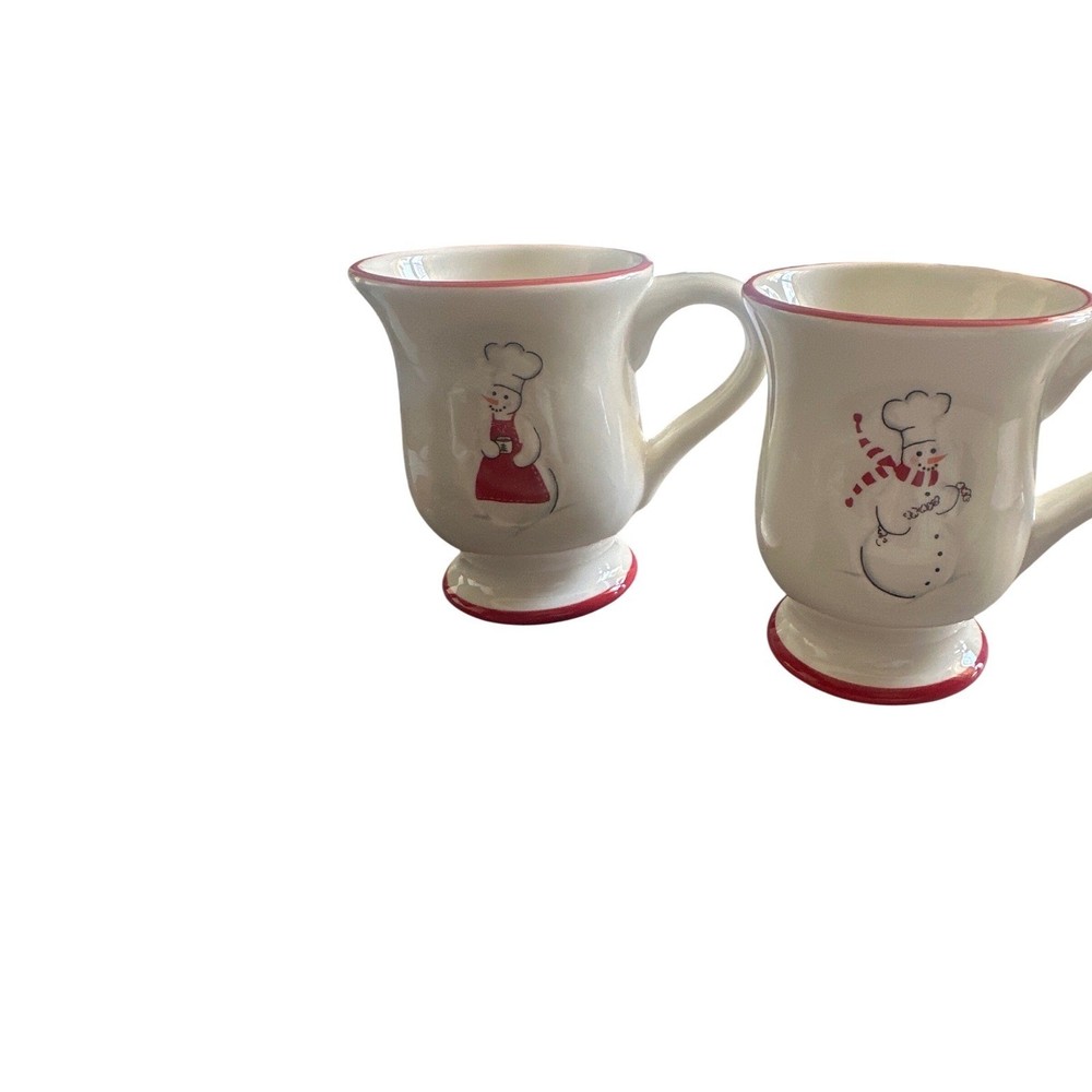 Snowman Chef Christmas Mugs Set of 2 Willams Sonoma Ceramic Footed  Cups