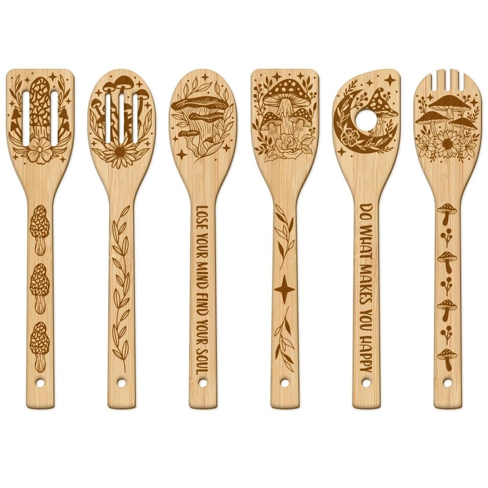 GLOBLELAND 6Pcs Mushroom Bamboo Cooking Utensils Wooden Engraved Cooking Spoo...