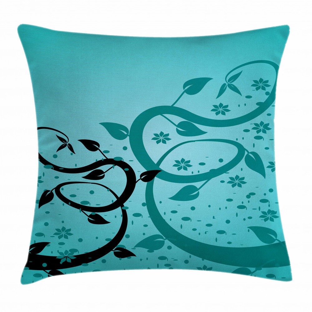 Teal Floral Winding Tendrils Square Pillow Cover 16 Inches