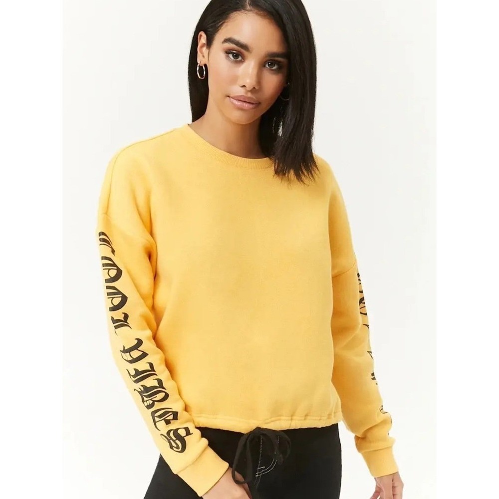 Forever 21 Yellow Crewneck Cropped Graphic Long Sleeve Sweatshirt Size Medium