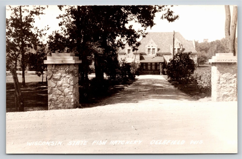 RPPC~Delafield WI~Wisconsin State Fish Hatchery Entrance~Real Photo Postcard