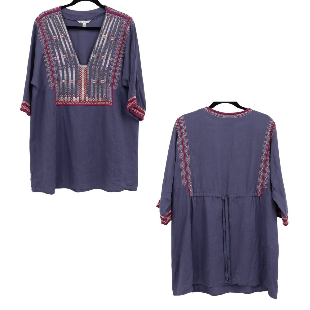 Cabi Embroidered Linen Tunic Top Womens L Blue Boho Resort Hippie Peasant Flowy
