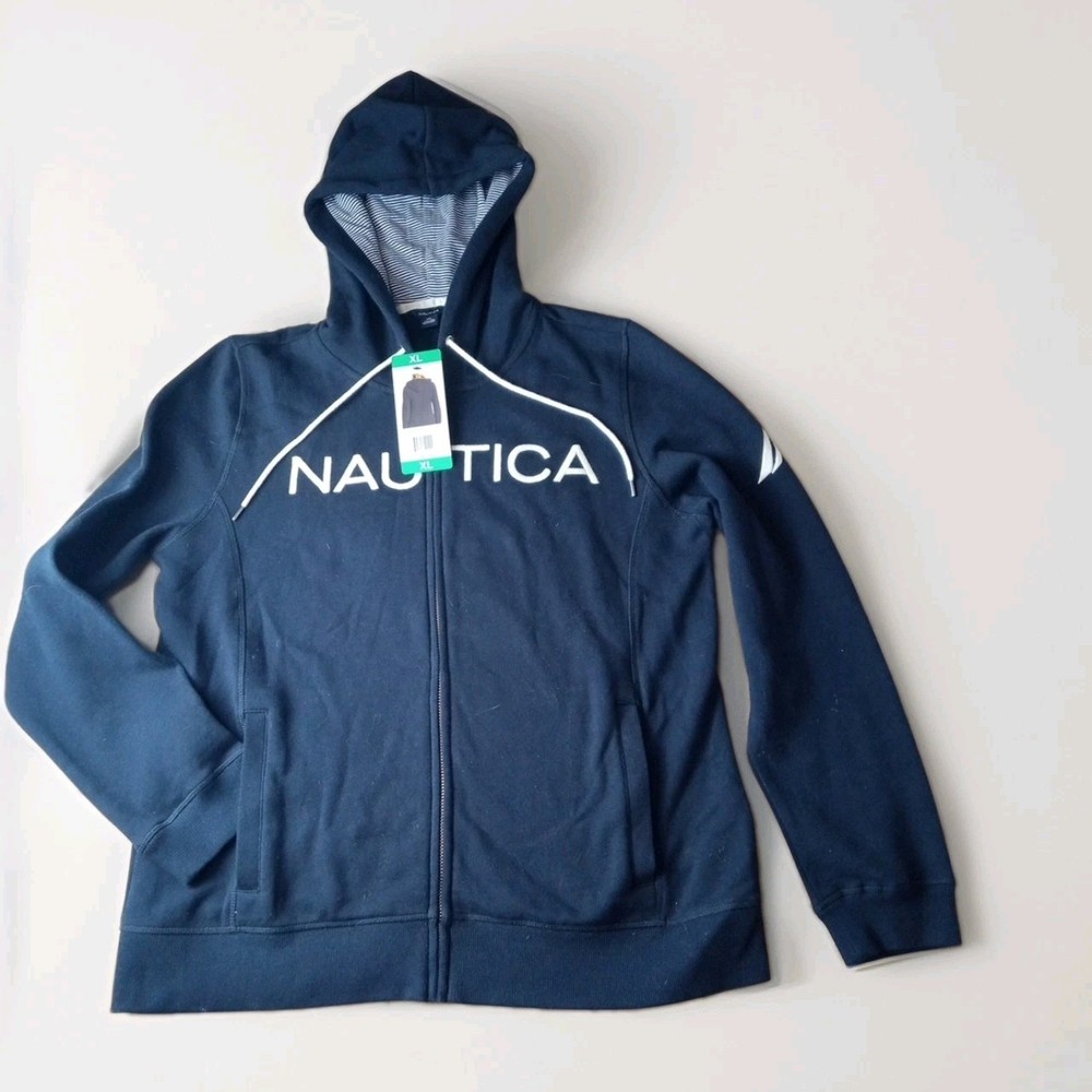 XL Nautica Womens Go To Signature Cotton Full Zip Logo Hoodie navy blue Nwt