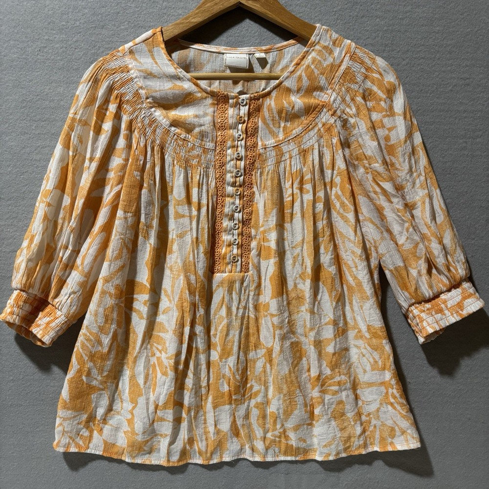 ZAC & RACHEL Blouse Sz L Peachy Floral Prairie Core Cottage Scoop Neck Tunic Top