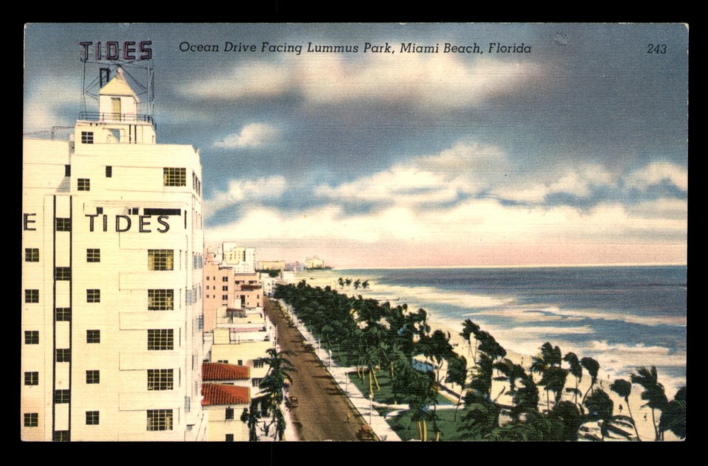 Ocean Drive Facing Lummus Park Miami Beach Florida FL Cars Posted Postcard