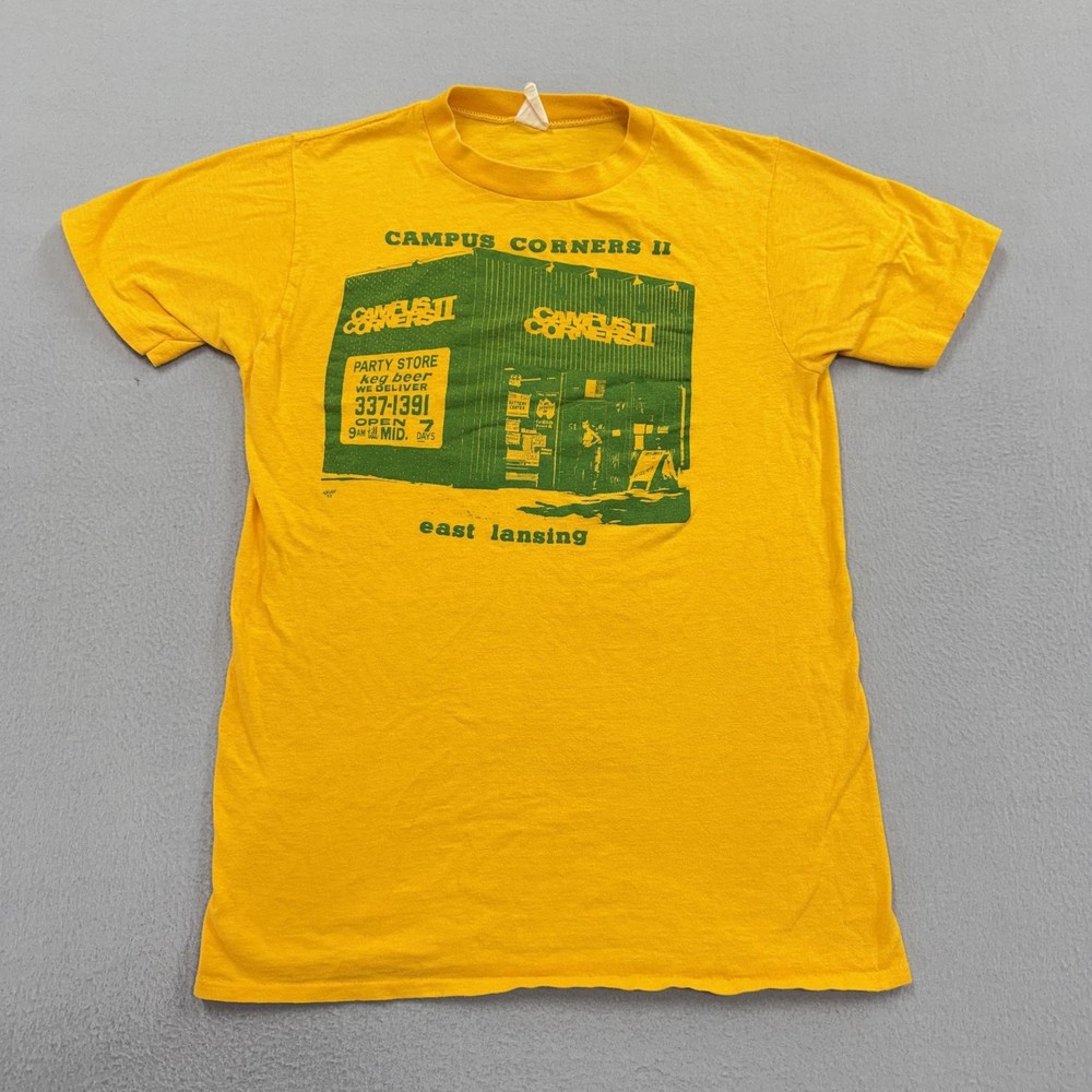 Vintage Campus Corners II Shirt Mens Small Yellow East Lansing Graphic Tee 70s