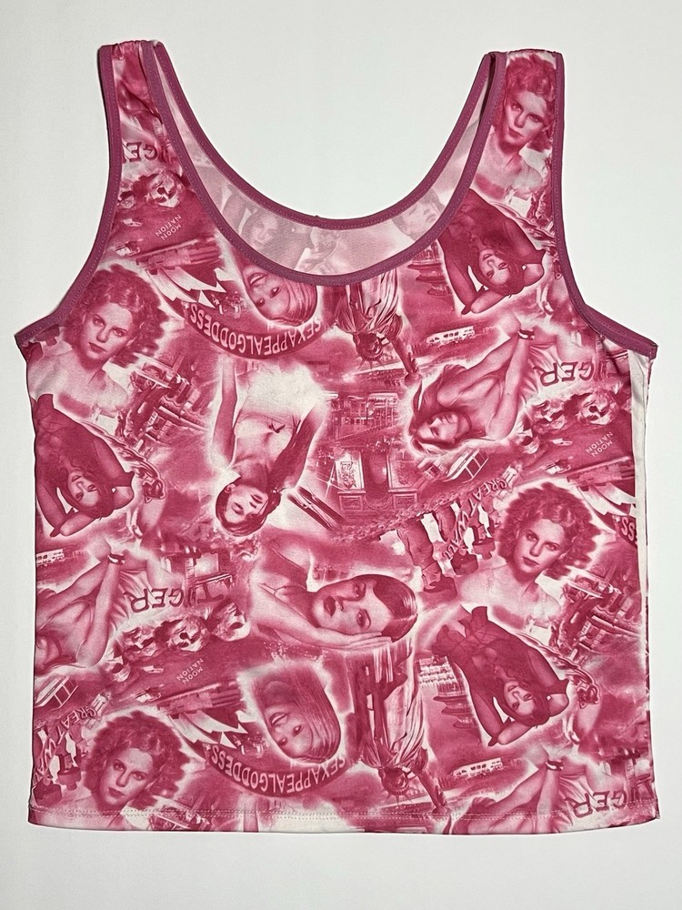 Y2K Abstract Face Graphic Print Short Sleeve Tank Top Size S M Celebrity Sarah-image