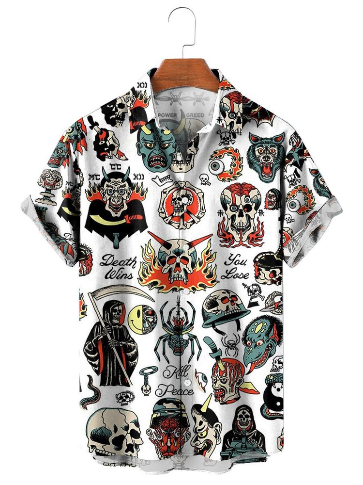 Vintage Hawaiian Shirts Skull Ghost Print 3D With Chest Pocket Aloha Button Up
