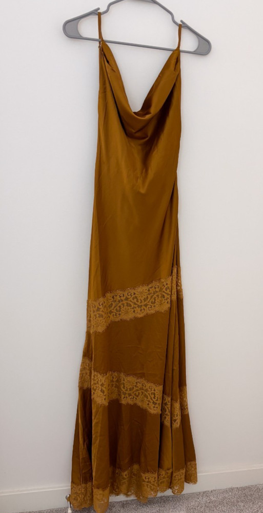 Fashion Nova NWT Gold Satin Lace Cowl Neck Maxi Dress Medium Inside Out