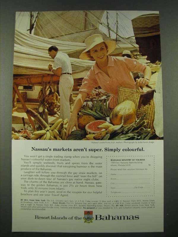 1965 Bahamas Tourism Ad - Nassau's Markets aren't Super. Simply Colourful