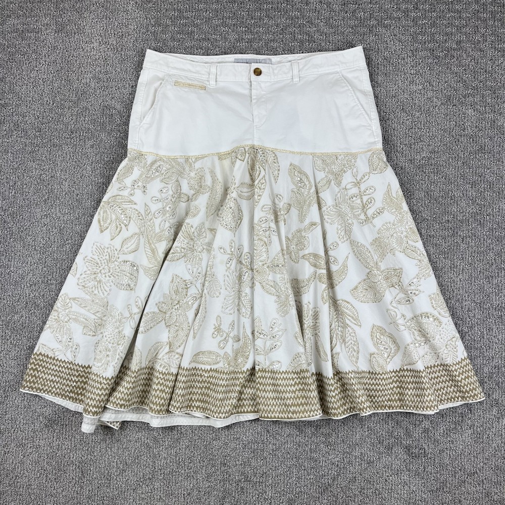 Old Navy Skirt Womens 16 White Beige Floral Embroidered Boho Flare Midi Upcycle