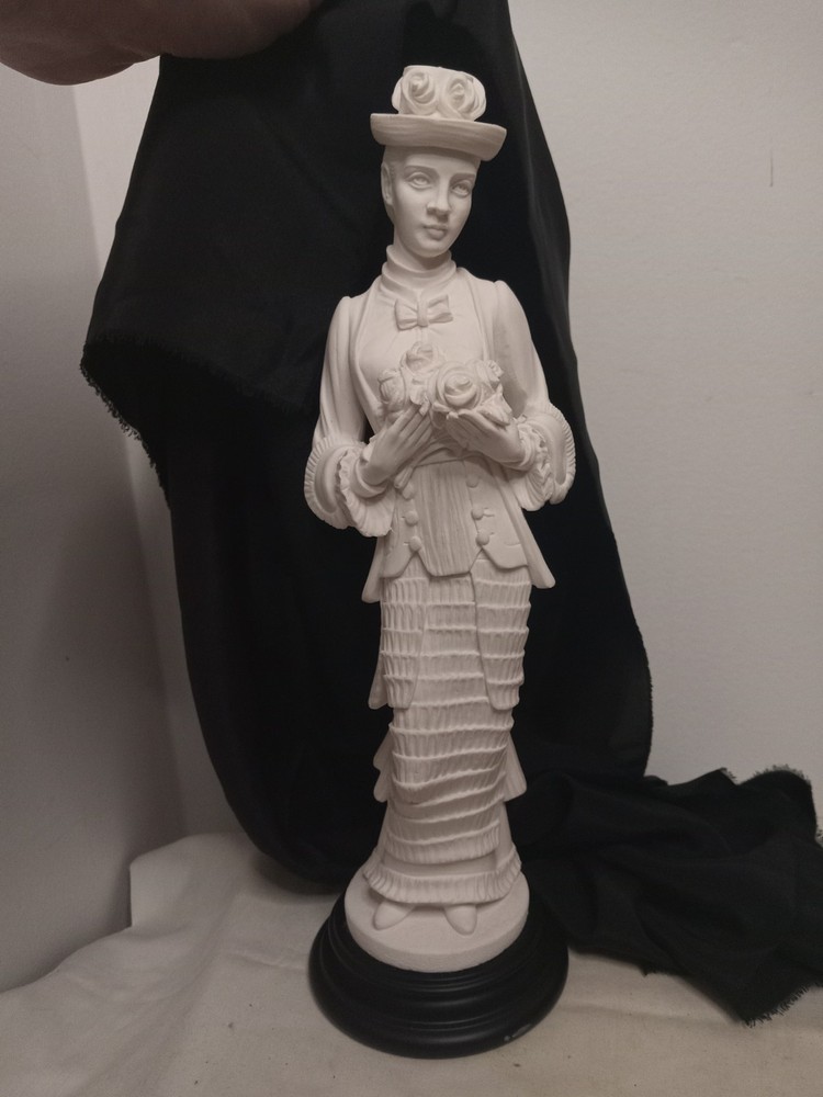 Vintage Alabaster Sculpture of Woman with Flowers on Black Base by A. Giannelli Italy 1987