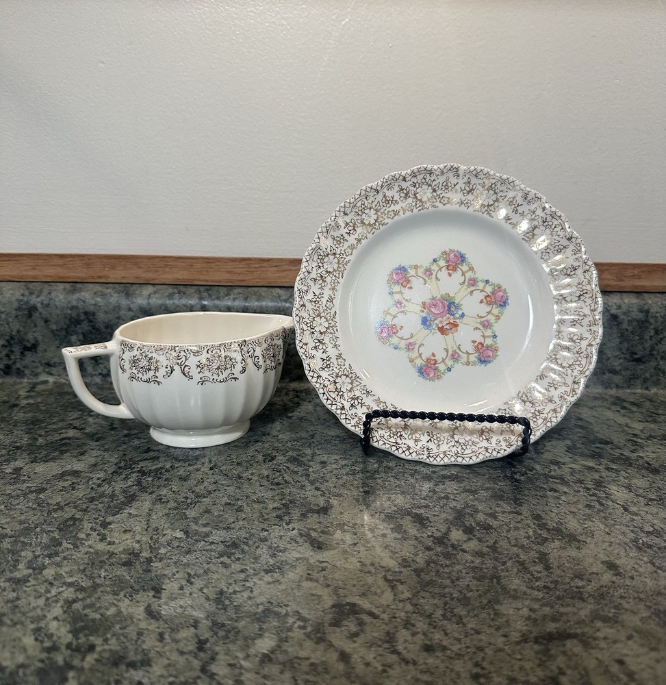 Sebring Pottery Fortune K-518 Floral Cup & Saucer Set Gold Trim White USA