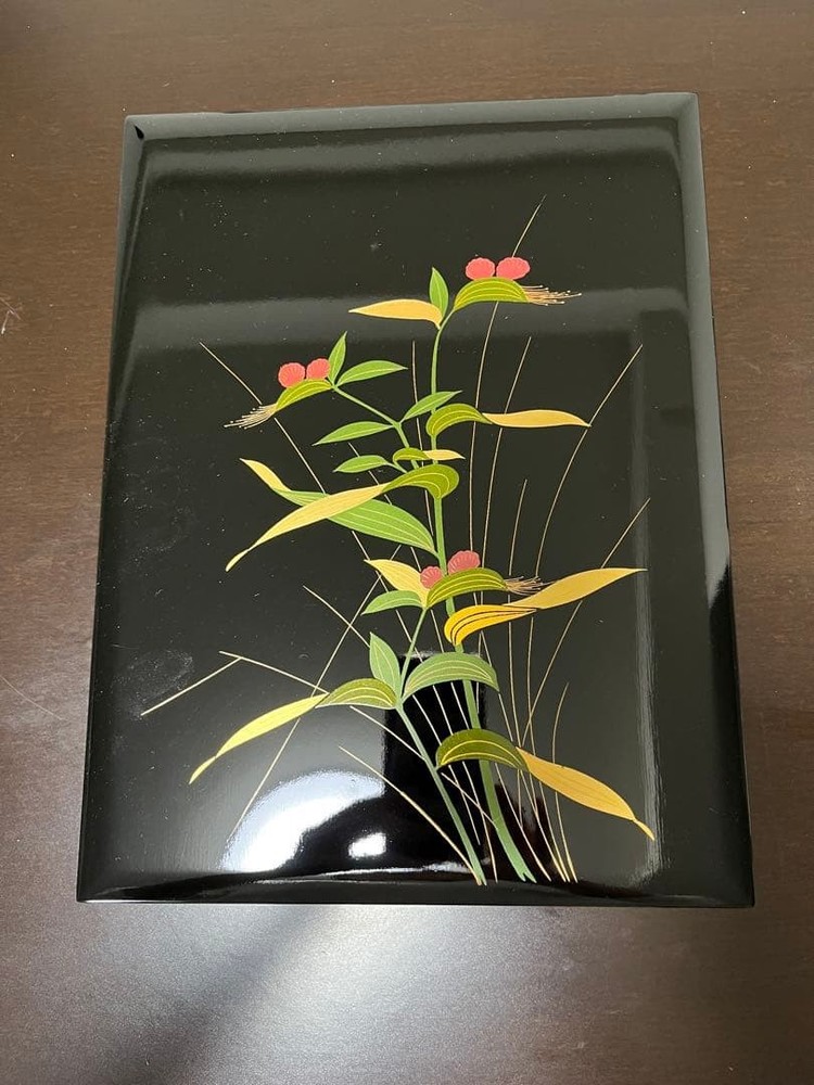 Lacquerware Box with Flower Design, Black with Red Interior, 31.5x24x5cm