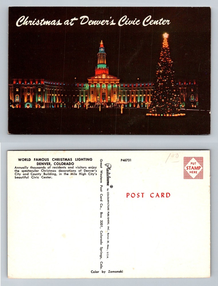 Denver, CO-Colorado, Christmas Lighting at Civic Center Night Vintage Postcard