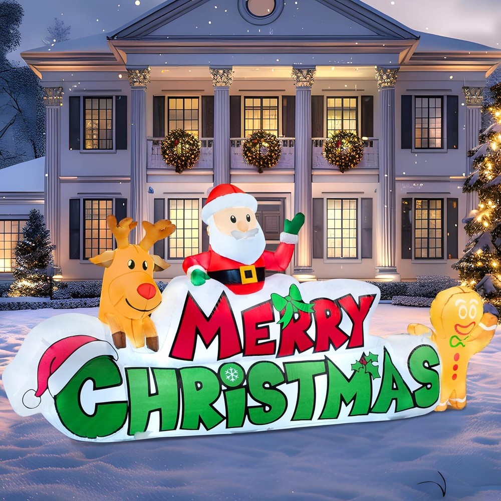 Joiedomi 9.5 FT Christmas Inflatable Merry Christmas Sign with Santa, Reindeer &