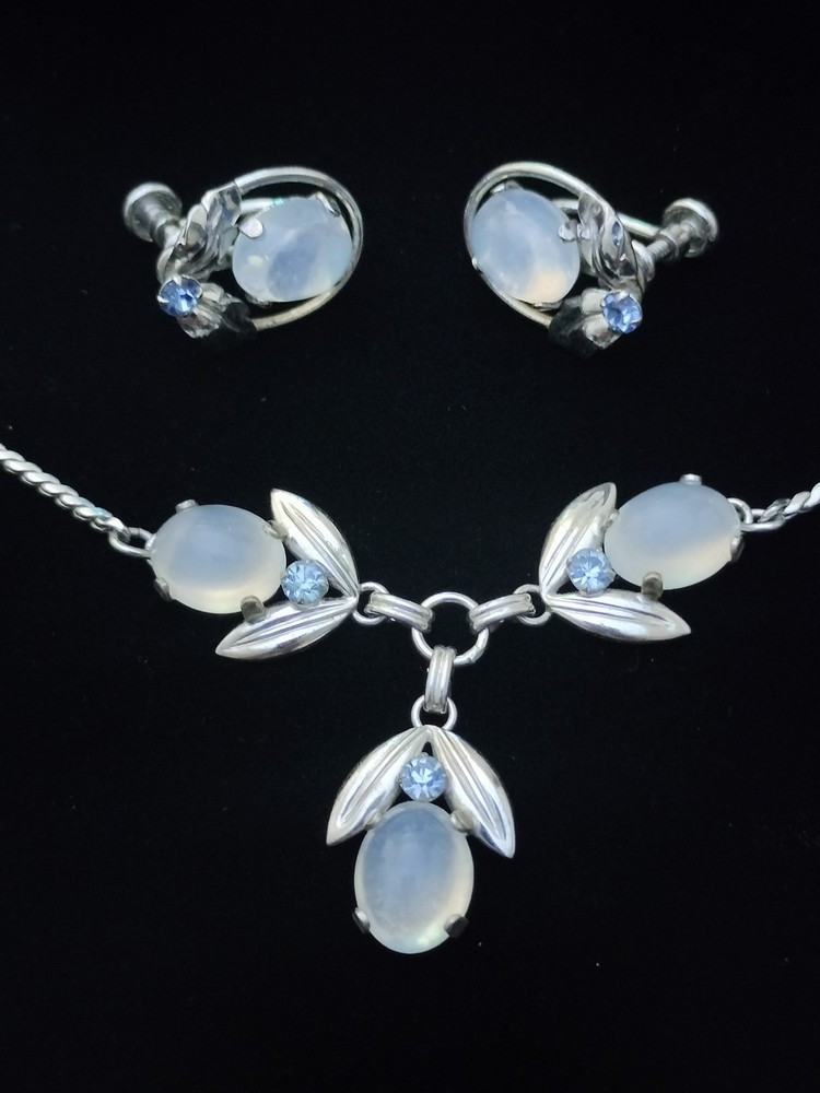 Vintage Van Dell Sterling Silver Moonstone Blue Rhinestone Necklace & Earrings