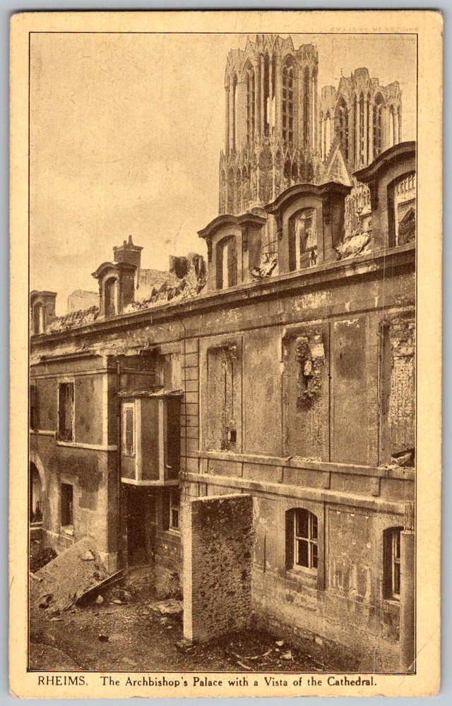 Antique Postcard Archbishop's Palace & Cathedral Reims, Fr 1910s