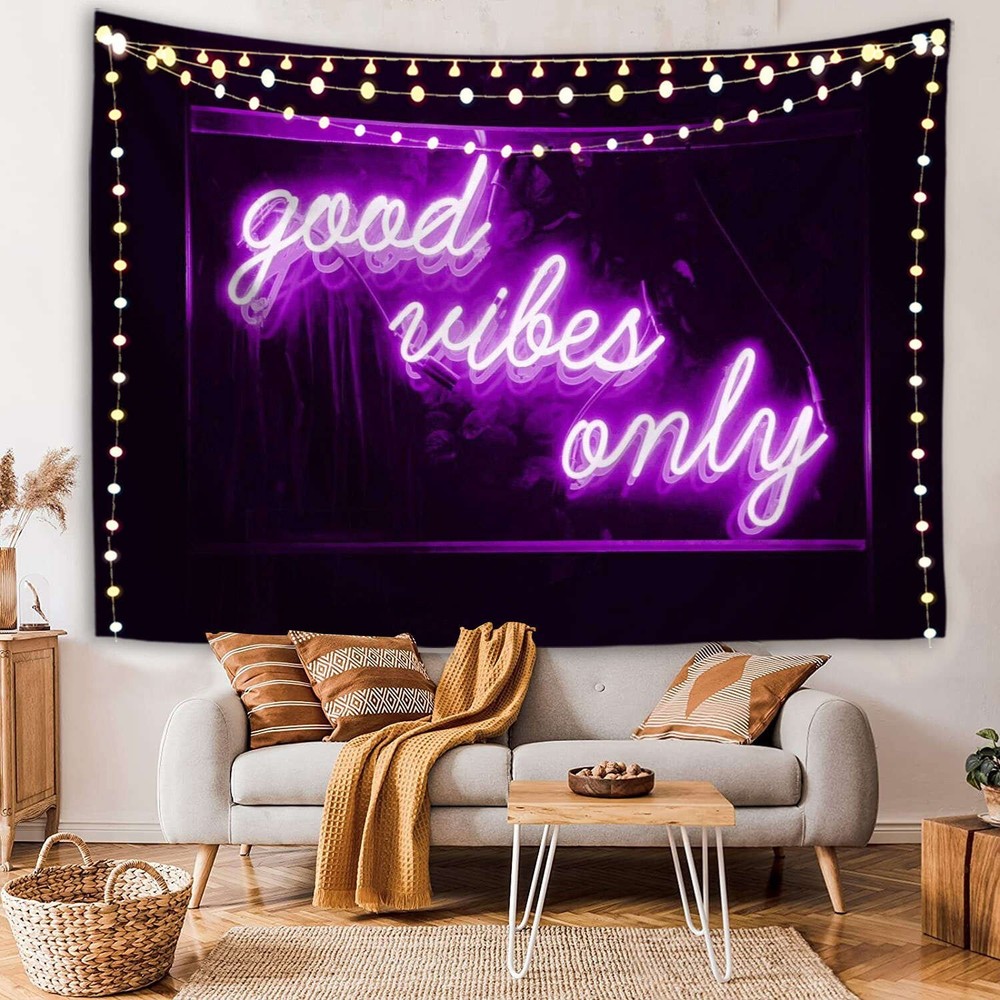 Cute Good Vibes Only Purple Tapestry Neon Sign for Aesthetic Dorm Room Wall Decor