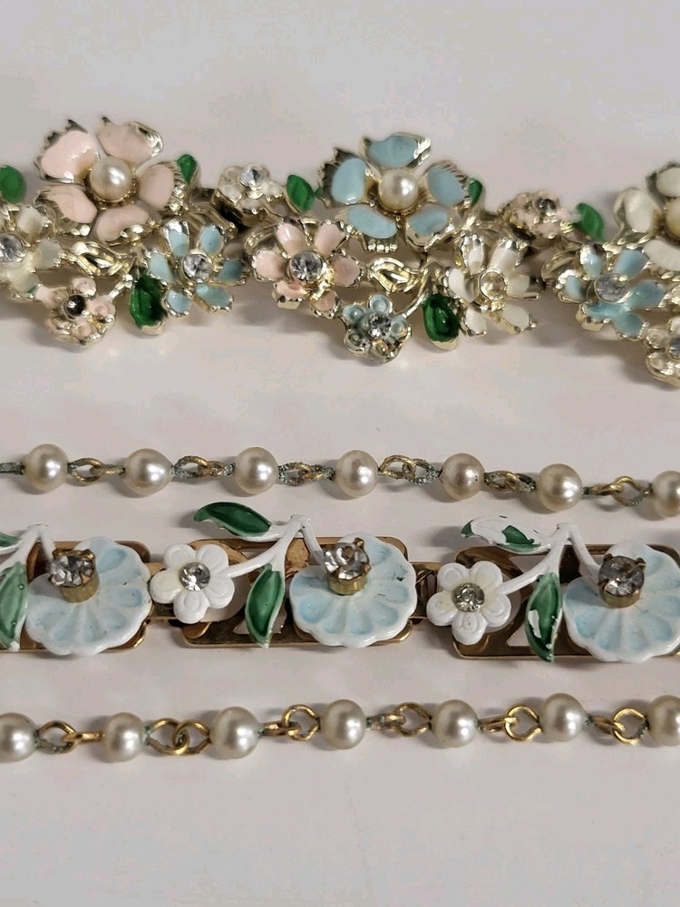 Vintage ART Enamel Handpainted Floral Rhinestone & Pearls Necklace & Bracelet