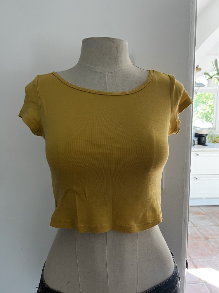 John Galt Brandy Melville Mustard Yellow Cropped T Shirt, 100% Cotton