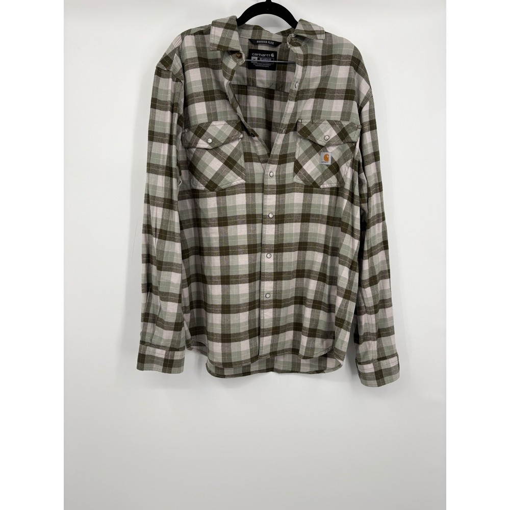 Carhartt Rugged Flex Relaxed Fit Plaid Flannel Shirt Men's Medium Green Brown