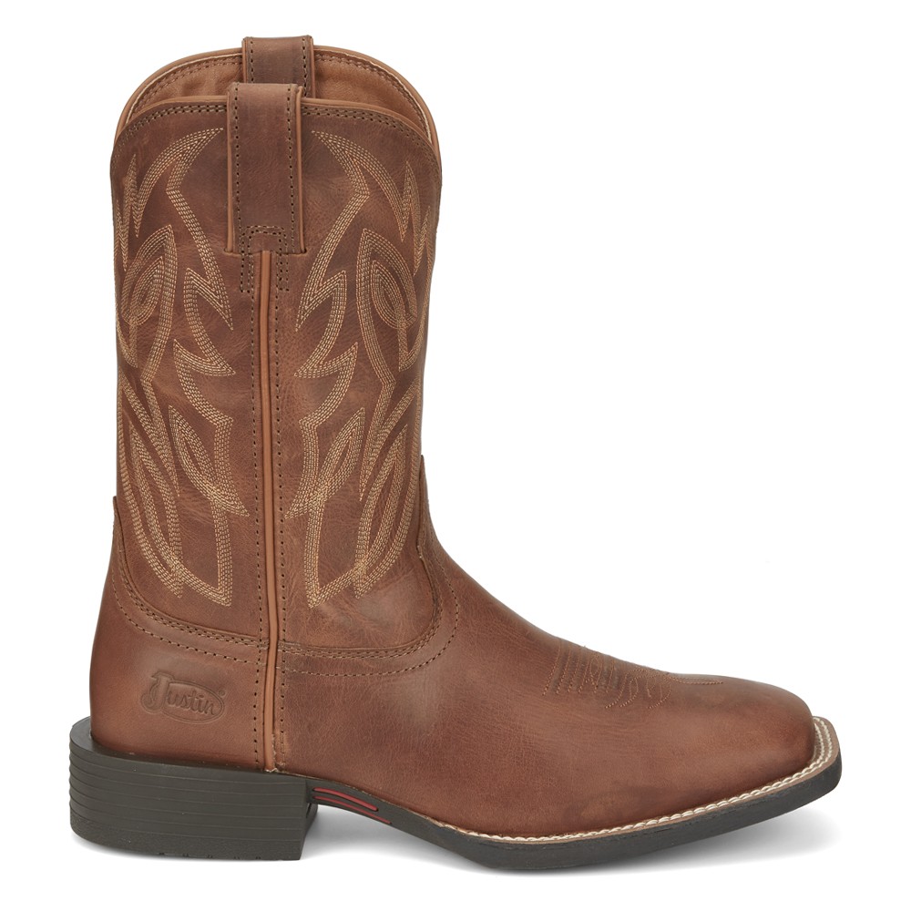 Justin Boots Canter 11 Inch Embroidered Square Toe Pull On Cowboy Boots for Men in Brown