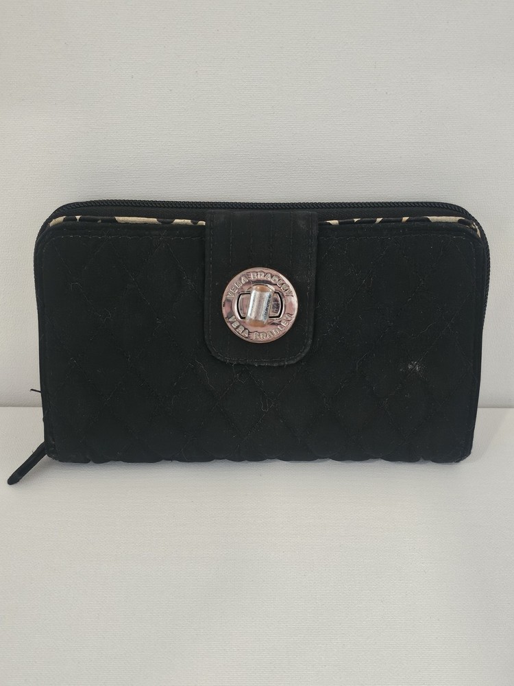 Vera Bradley Classic Black Quilted Turn Lock Wallet Yellow Black Leopard Print