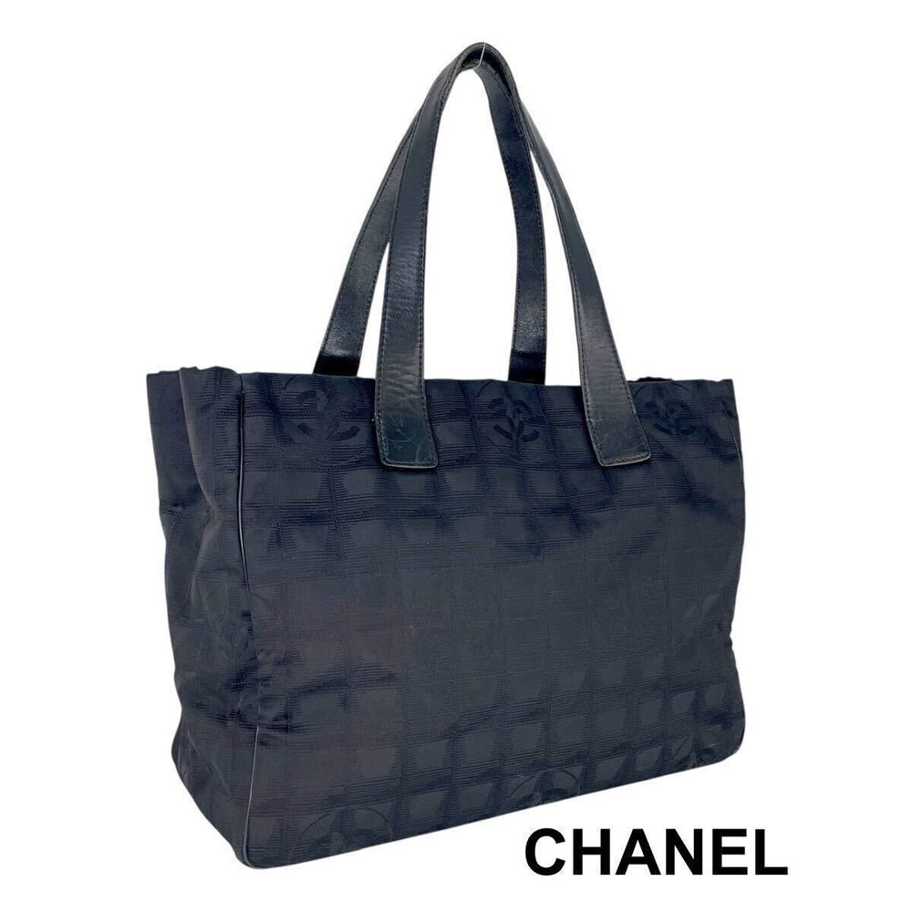 CHANEL Travel Line MM Black Leather Tote Shoulder Bag with Serial Number