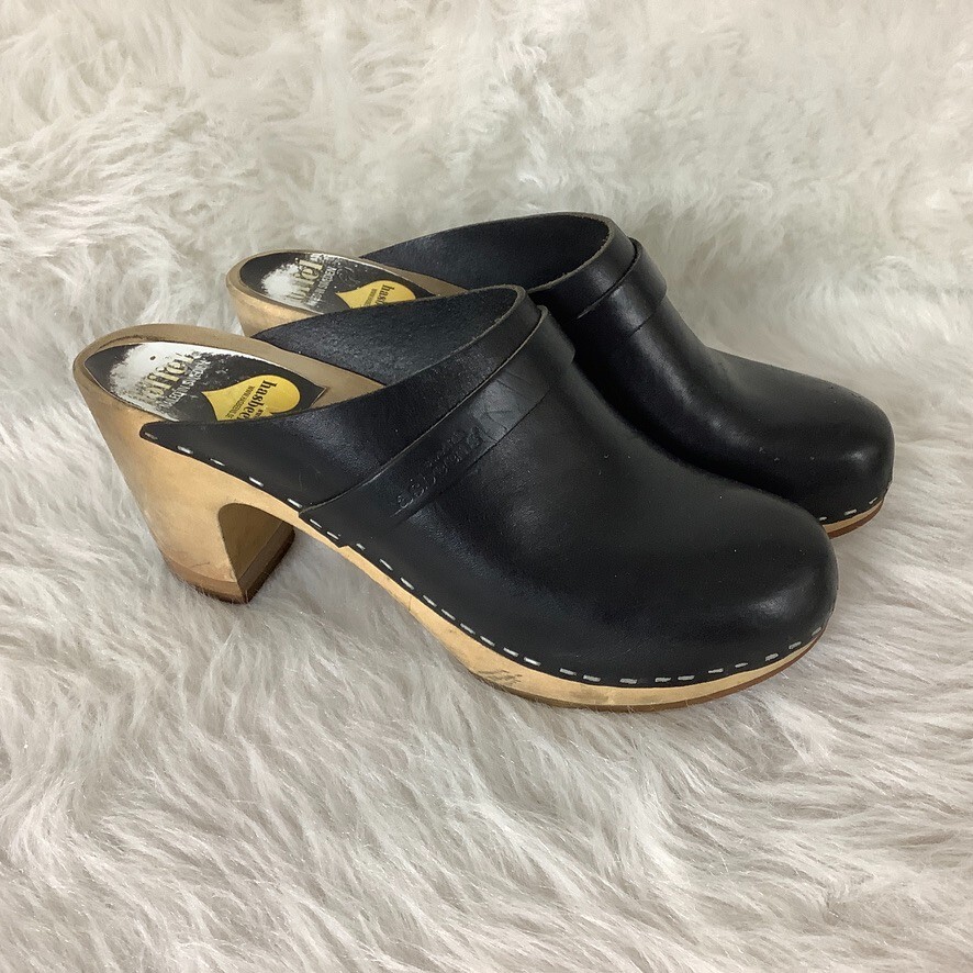 Swedish Hasbeens Black Leather Wooden Heel Classic Clog Sandals