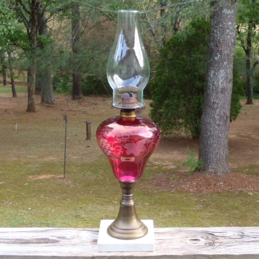Antique Cranberry Etched Grapes & Leaves Glass & Marble OIL LAMP w/Eagle Burner