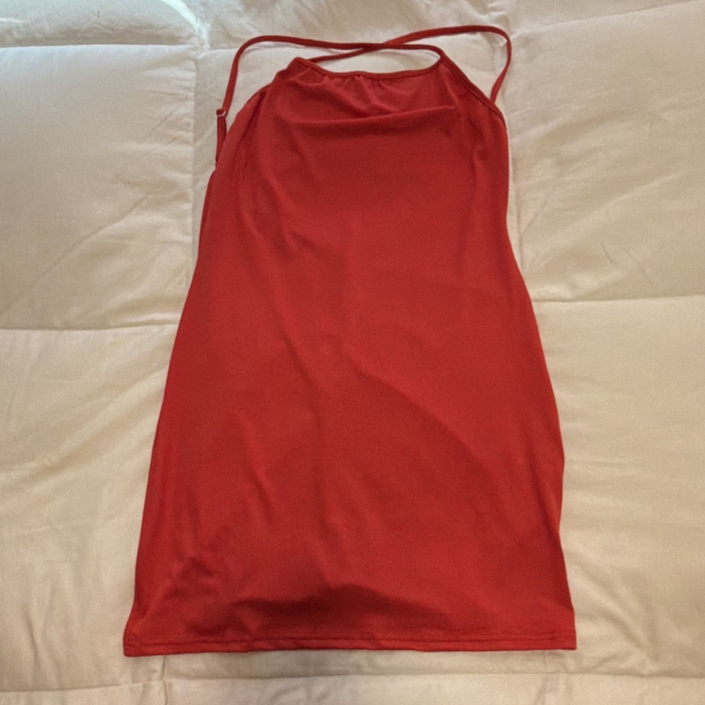 Women's Red Solid Halter Neck Ruched Strappy Sleeveless Cami Tank Top L