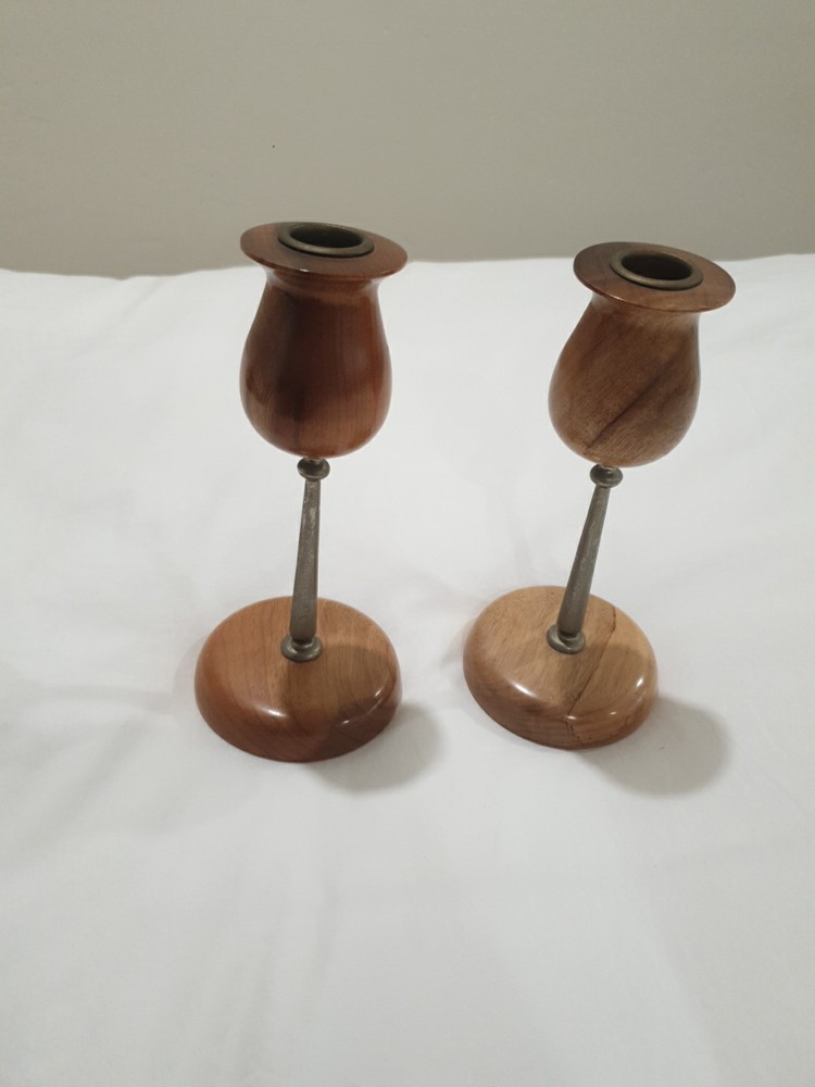 Vtg Oregon Myrtle Wood & Metal Candlesticks Pair MCM Style Candle Holders 2pc