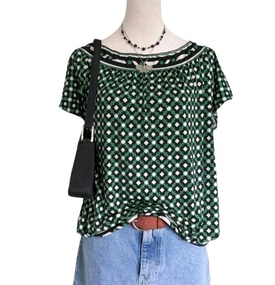 Y2K Max Studio Geometric Print Top Womens Large Green Black Stretch Blouse
