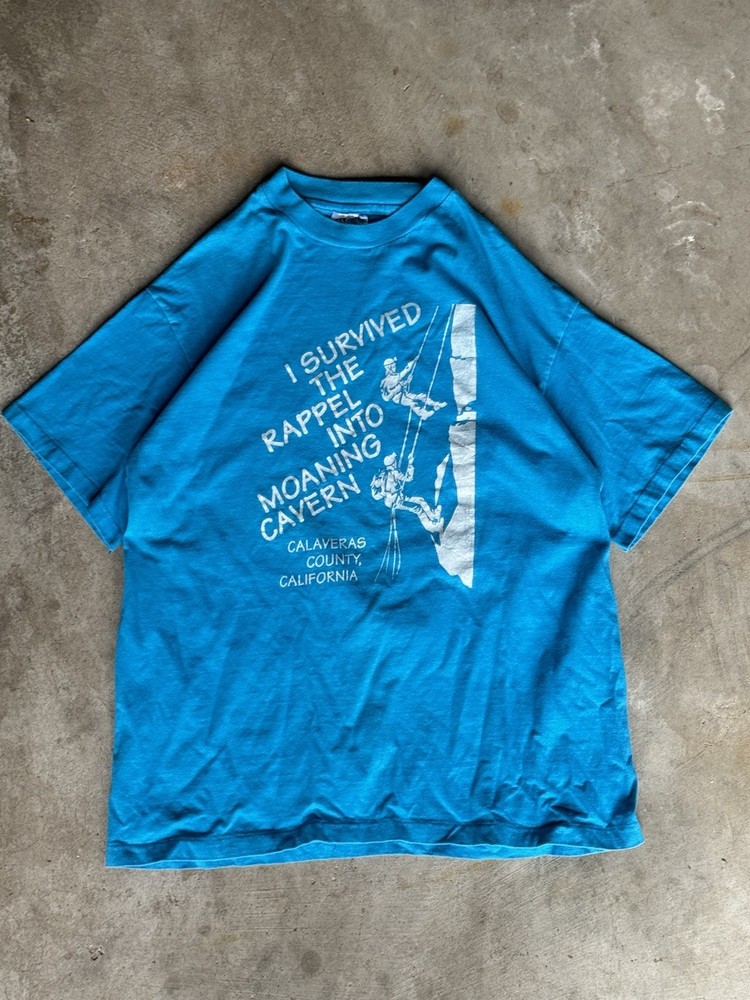 Vintage 90s Moaning Cavern Rappelling T-Shirt L Hanes Beefy Blue California Cave