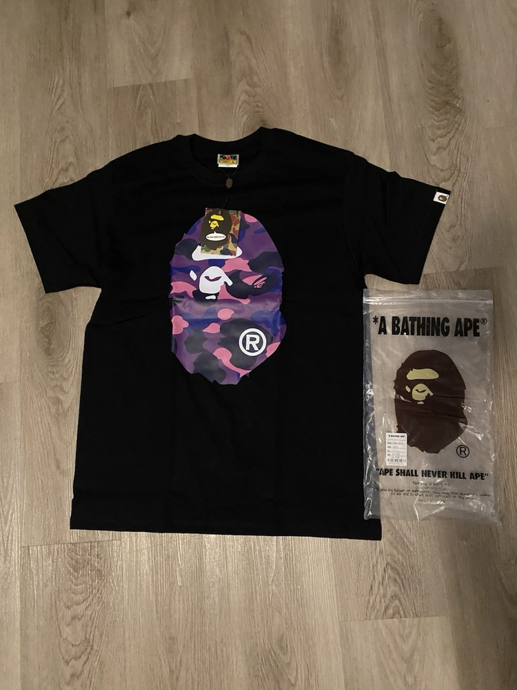 A Bathing Ape BAPE Black Ape Head Purple Camo Logo Graphic Tee Crew Neck