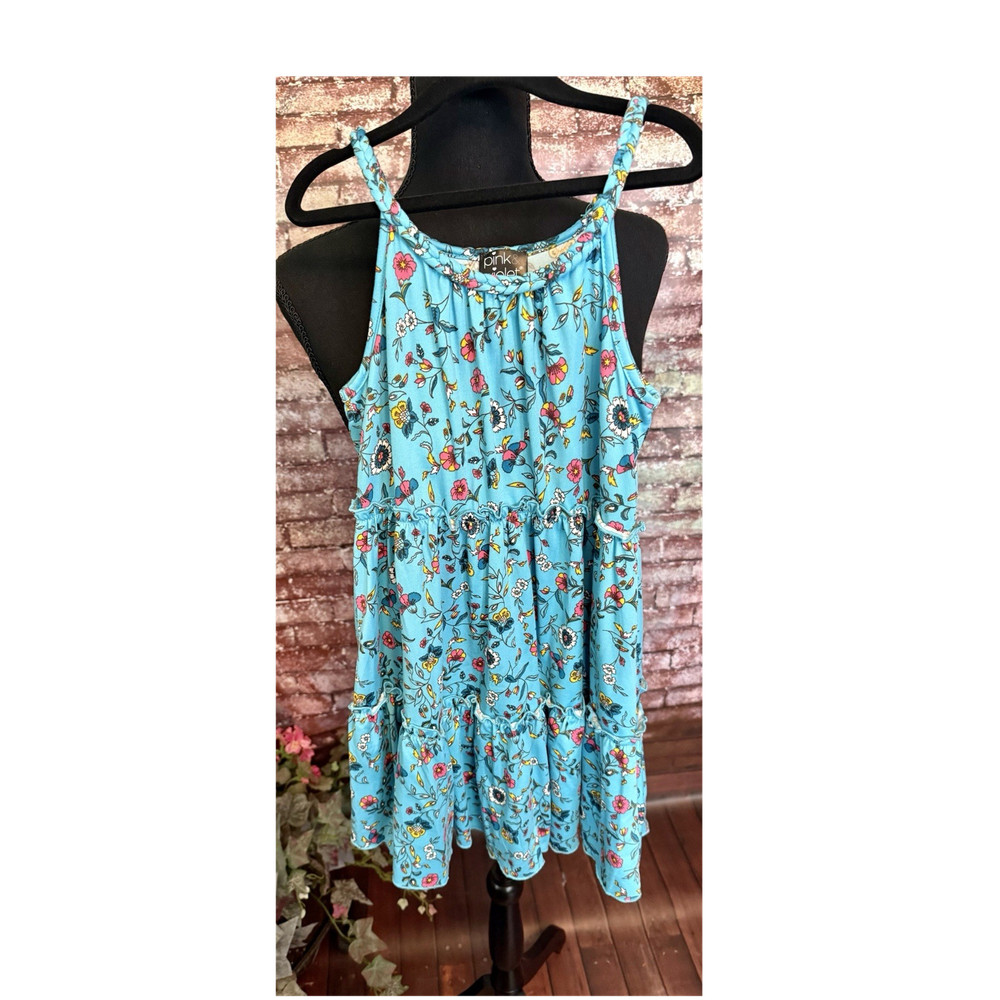 Pink & Violet Girls M 7/8 Blue Floral Sundress Sleeveless Knee Stretch Poly