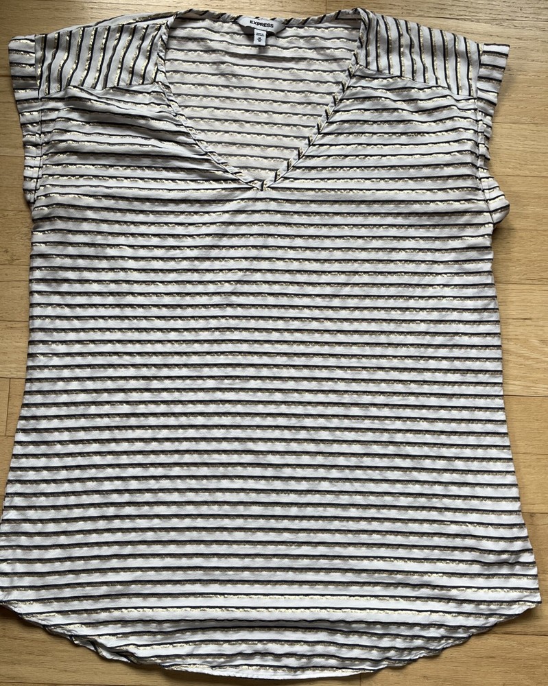 Express Shirt Women's Medium Striped Top Casual Classiccore Blouse Gold Blue
