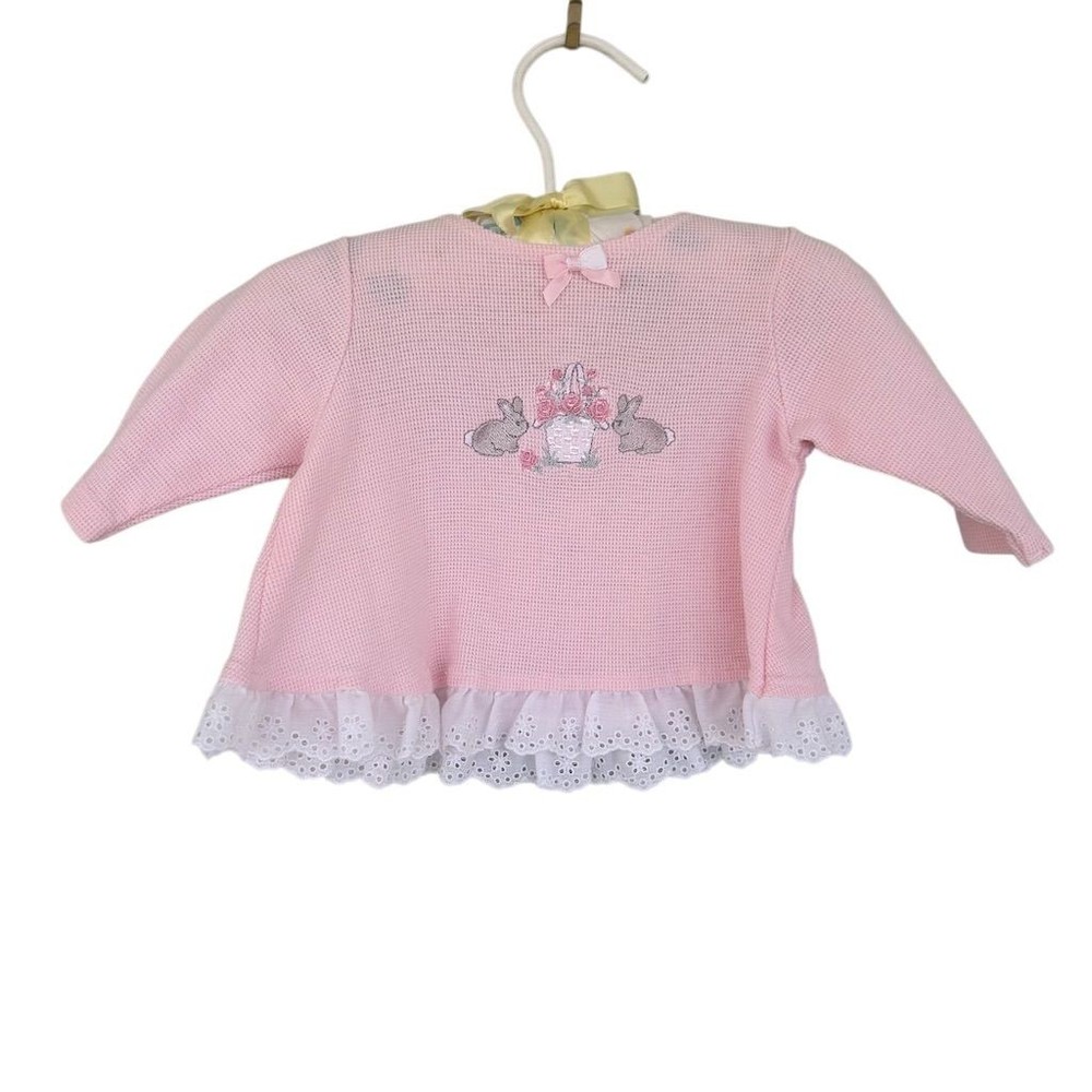 VTG Y2K Carter's Classics Baby Girl's Pink Bunny Sweater Lace Trim Easter Garden