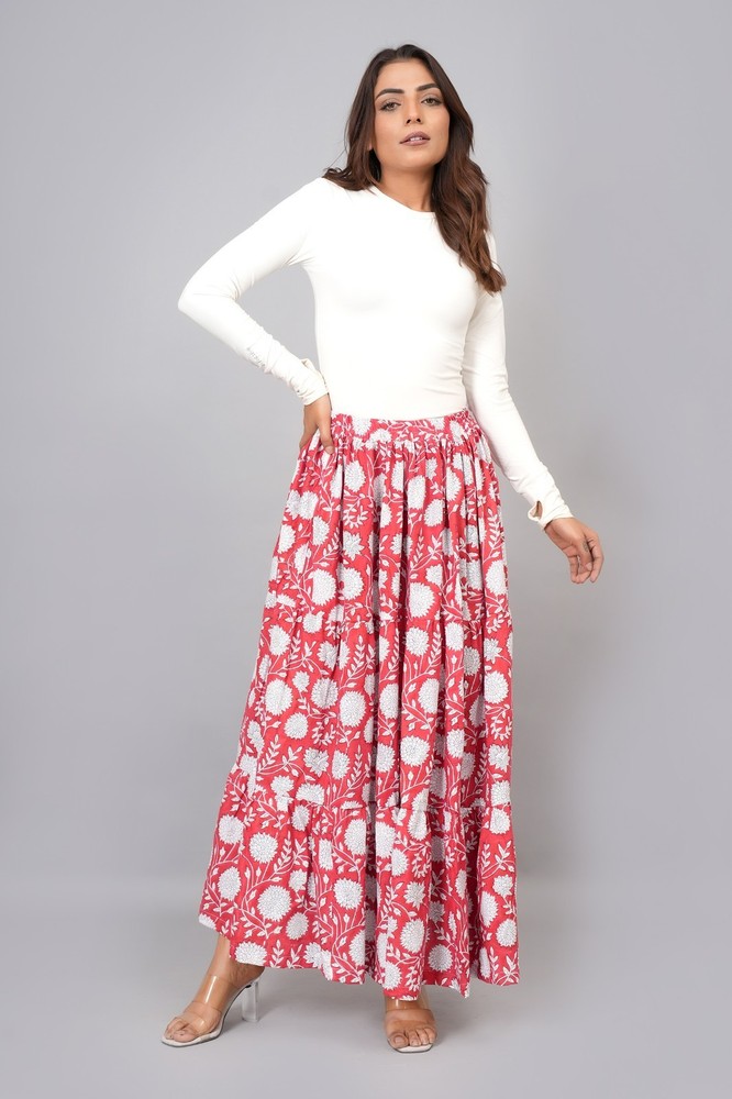 Women Block Printed 100% Cotton Maxi Long Skirt with Elastic Waist - Red Floral