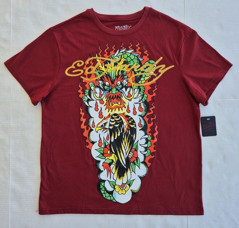 Ed Hardy Dragon and Eagle Short Sleeve Red T-Shirt Men's Large