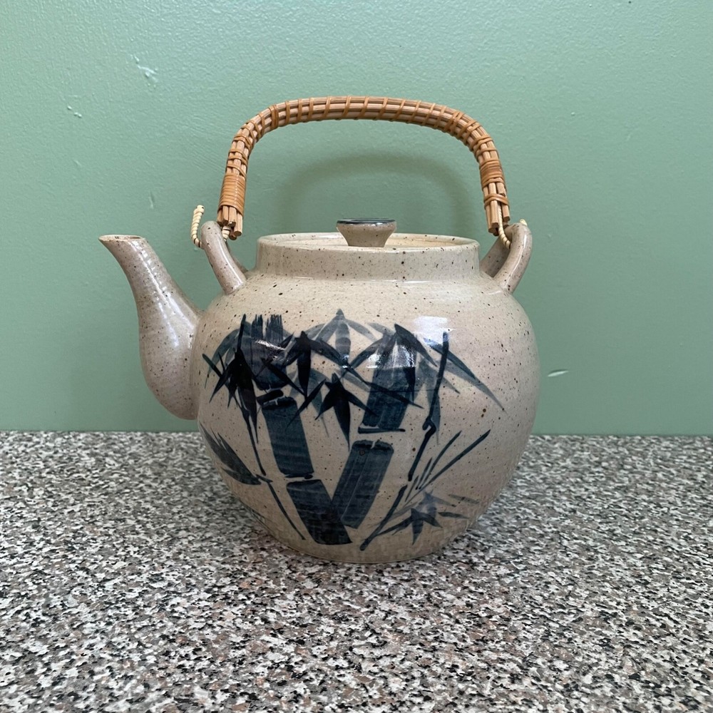 Vintage Asian Ceramic Teapot Bamboo Handle Hand Painted Blue Cream Japan Style