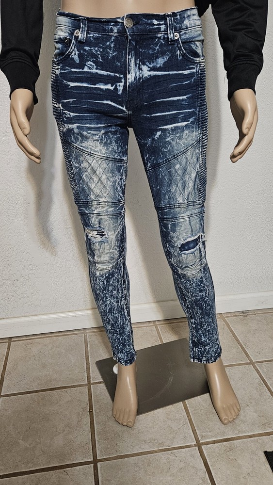 Acid Wash Y2K Destroyed Denim Jeans 34x32 M. Society Mad City Stretch EUC-image