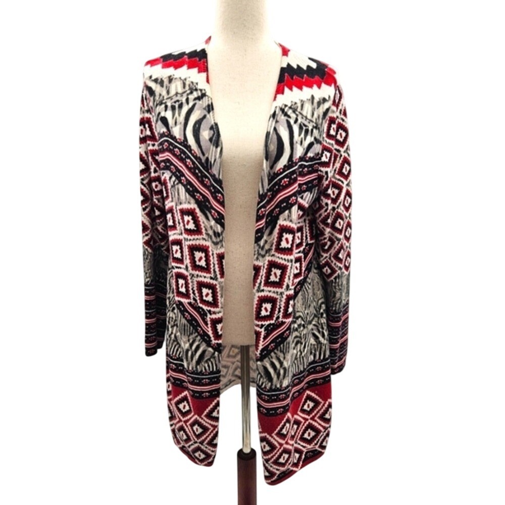 Mixed Print Open Front Cardigan Red Black White Geometric Animal Longline Knit