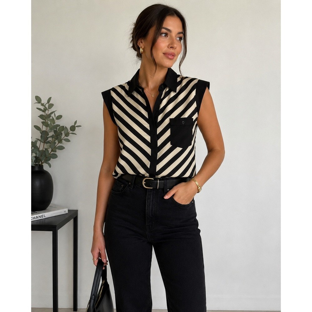 Delusive Top Womens Blouse Sleeveless Striped Button Down Black Cream Large