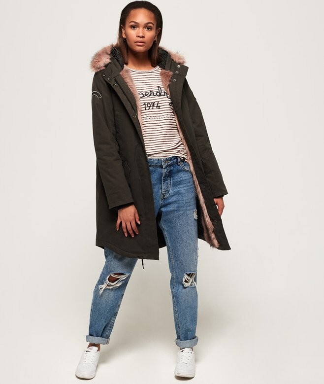 Superdry Frankie Faux Fur Lined Regular Fit Parka  - Khaki - UK 12