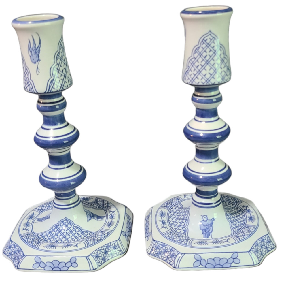 VTG Pair Delft Royal Goedewoagen Blue & White Candlesticks Holland